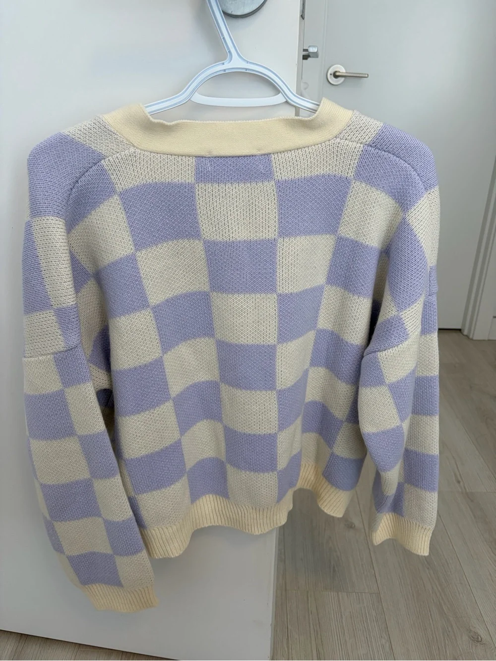 Oak & Fort Checkered Cardigan Sweater in Lavender and Cream - Picture 2 of 5